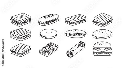 Collection of isometric fast food icons in a distinctive silhouette style