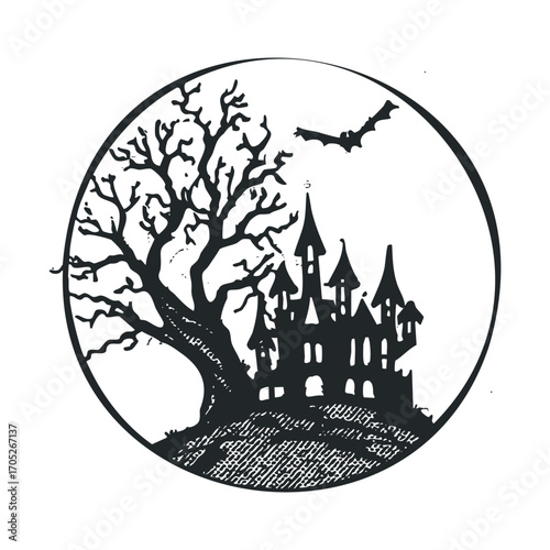 A haunted castle silhouette with a spooky tree and bat.