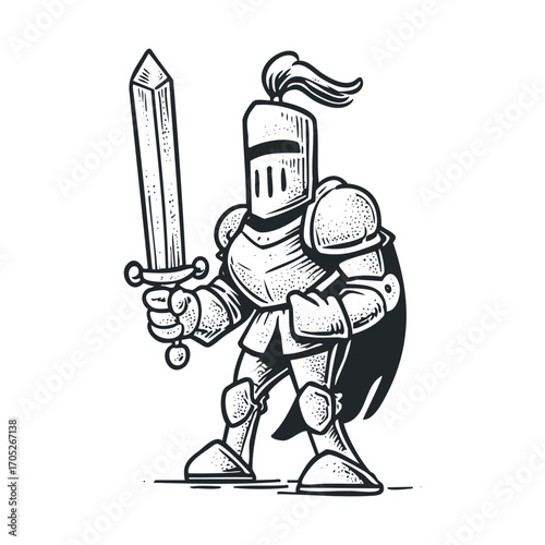 A knight in armor holding a large sword.
