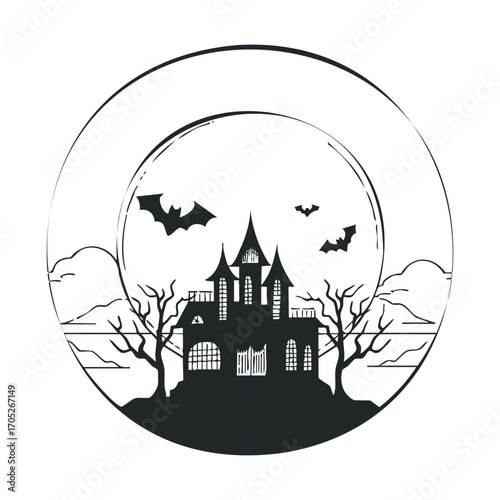 A spooky mansion with bats flying in front of a full moon.