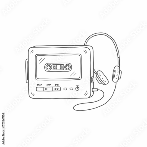 Hand-drawn illustration of a vintage portable cassette player with headphones.