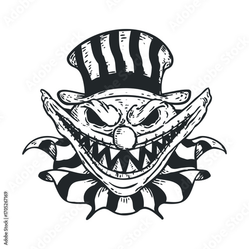  A sinister clown face with a wide, toothy grin.