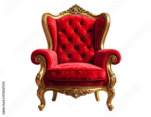 Elegant Red and Gold Upholstered Armchair, isolated on white background PNG