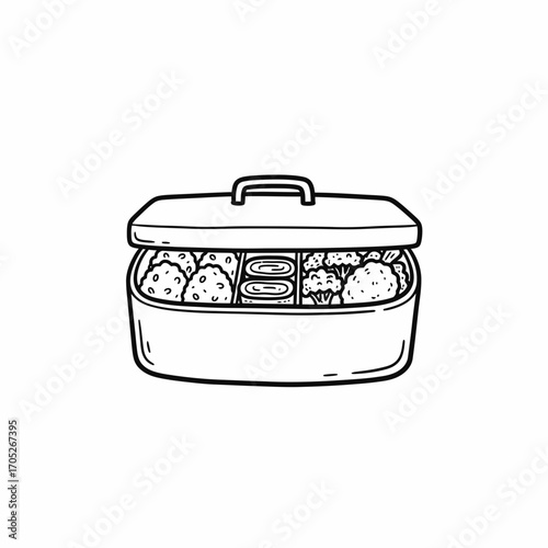 A black and white illustration of a bento box, filled with various Japanese food compartments.