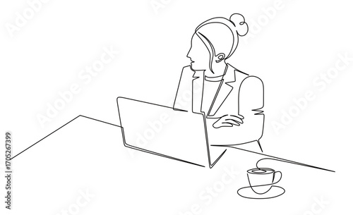 Continuous line art of a businesswoman working in front of a laptop and accompanied by a cup of coffee.

