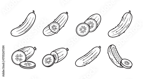 Collection of hand drawn cucumber illustrations in a distinctive silhouette style
