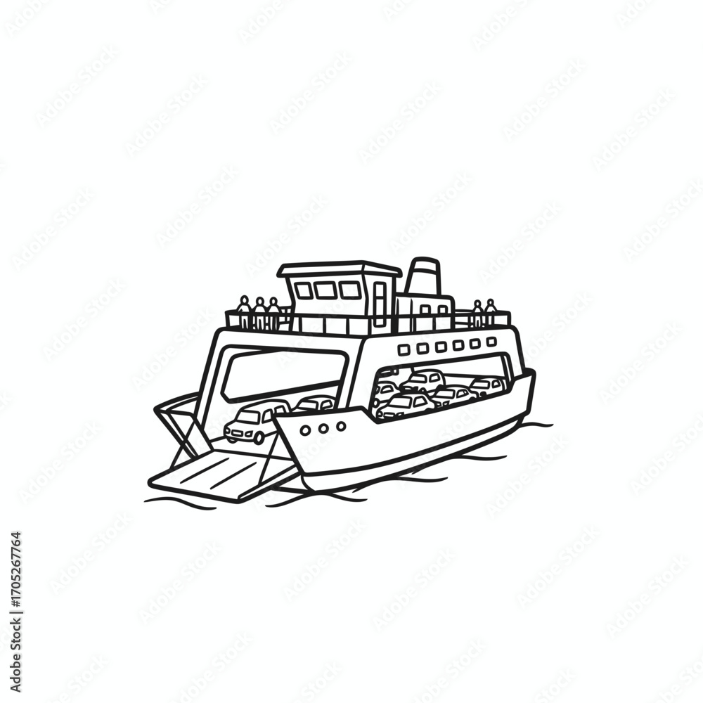 Obraz premium Line art illustration of a ferry boat carrying cars and passengers on the water.