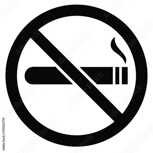 Black No Smoking Sign with Smoke Detail on White Background Keywords: no smoking, cigarette, prohibition, forbidden, ban, sign, symbol, icon, health, unhealthy, danger, warning, alert, stop