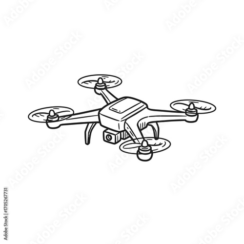 Hand-drawn illustration of a drone, showing its four rotors and body.