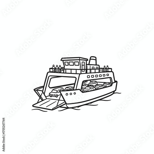 Line art illustration of a ferry boat carrying cars and passengers on the water.