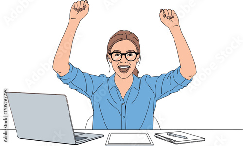 Excited woman celebrating success at her desk with a laptop and tablet