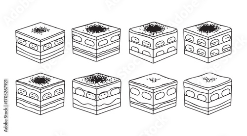 Eight isometric cubes with detailed architectural facades silhouette