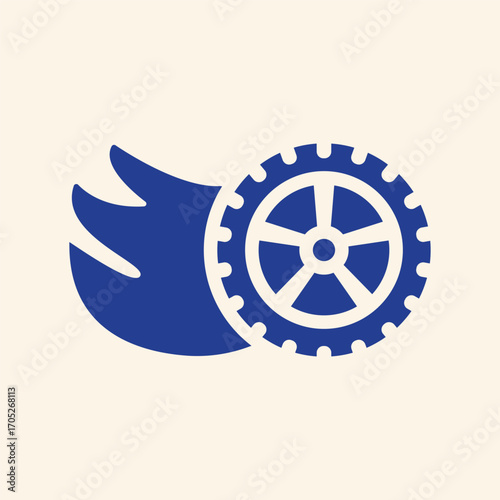 Dynamic blue gear with abstract wings symbolizes progress, innovation, and unstoppable momentum.