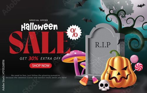 Halloween sale illustration with creepy pumpkin, skull, gravestone, bats, mushrooms, and sweets. Ideal for October promotions, festive greeting cards, or trick or treat background templates vector ill