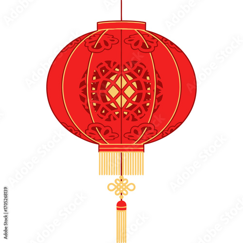 Festive Red Chinese Lantern with Intricate Cutout Design and Tassels.