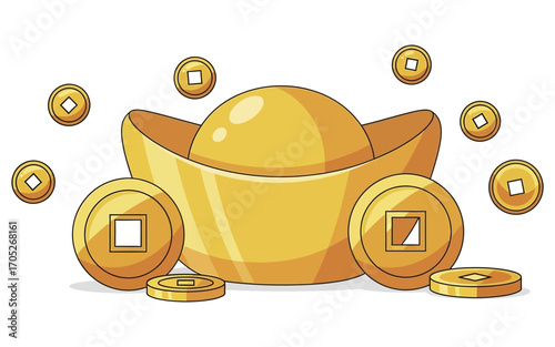 Golden Ingot and Coins Chinese New Year Wealth Symbols Illustration.
