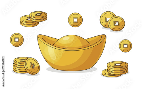 Golden Chinese Ingot and Coins with Square Holes Symbolizing Wealth and Prosperity.