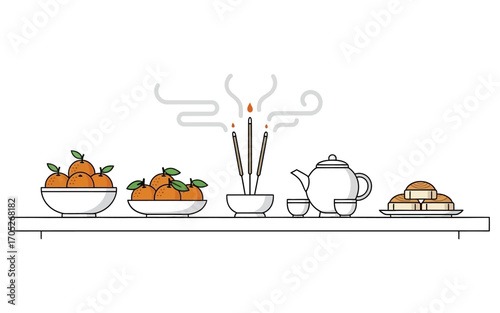 Lunar New Year Offerings Oranges Incense Tea Set and Pastries on a Shelf.