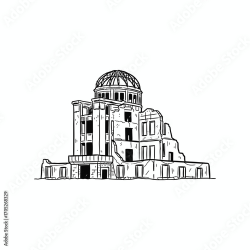 Line art illustration of the Hiroshima Peace Memorial, a ruined building with a dome, set against a white background.