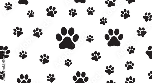 Seamless Black Paw Print Pattern on White Background