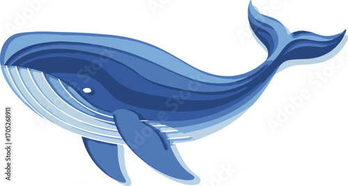 Stylized Blue Whale Illustration with Layered Blue Tones on White Background