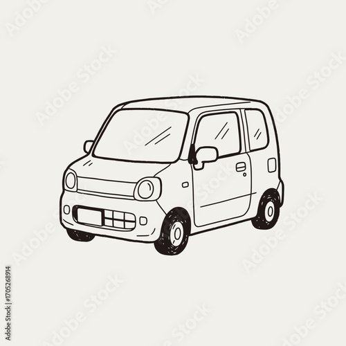 Simple line drawing of a small, compact car viewed from a three-quarter angle.