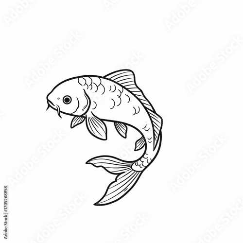 A black and white line drawing of a koi fish, depicted in a side profile with detailed fins and scales.