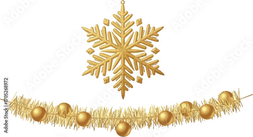 Elegant golden snowflake ornament and festive garland with baubles for a luxurious holiday celebration