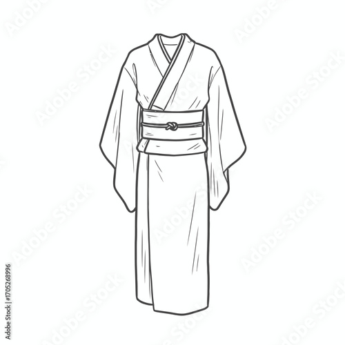 Line drawing of a traditional Japanese kimono, showcasing its flowing sleeves and elaborate obi.