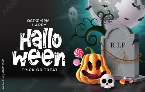 Festive Halloween vector illustration featuring pumpkin, skull, tombstone, ghosts, bats, and candy under a glowing full moon. Perfect spooky clipart for greetings, trick or treat cards, and holiday te