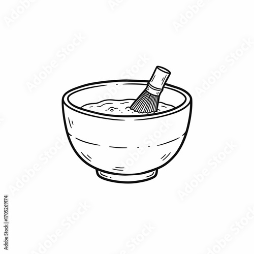 Illustration of a bowl containing a liquid substance with a brush immersed in it, isolated on a white background.