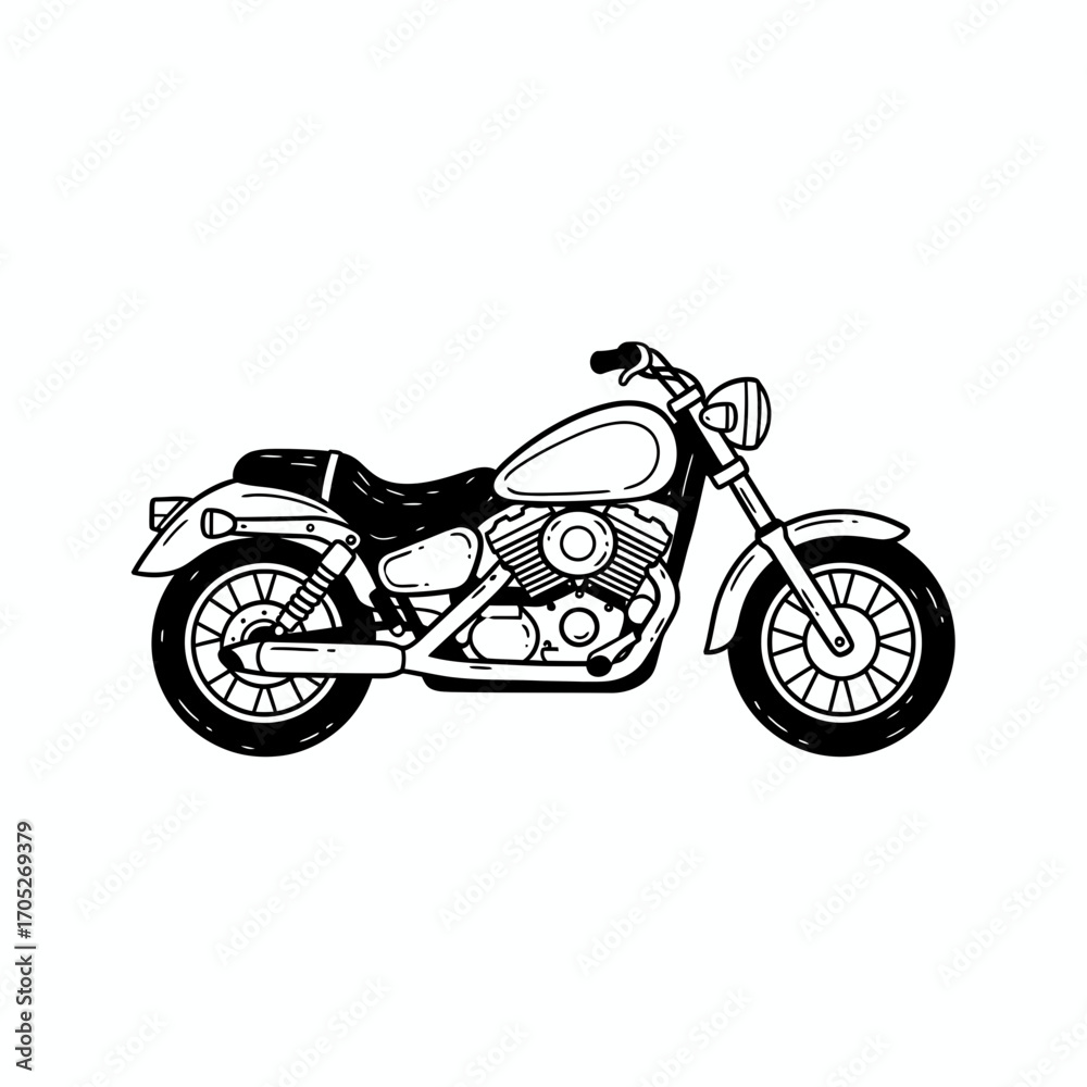 Obraz premium A detailed line drawing of a classic motorcycle, showcasing its components in a side view.