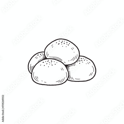 Hand-drawn illustration of four round, crusty bread rolls.