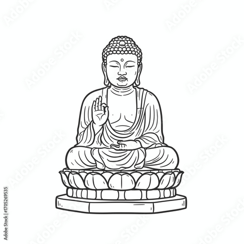 Serene line drawing of Buddha seated in lotus position, hand in abhaya mudra, atop a lotus throne.