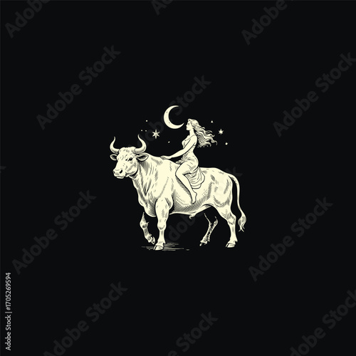 engraving of a woman riding a powerful bull vector template illustration