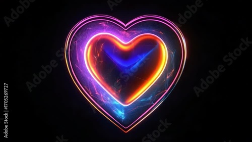 Vibrant Neon Heart Shape with Colorful Glow on Dark Background for Romantic and Love Themes