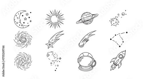 Collection of celestial and abstract line art elements silhouette