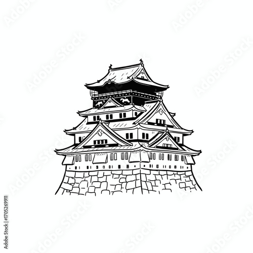 Line art depiction of a traditional Japanese castle with multiple tiers and a stone foundation.