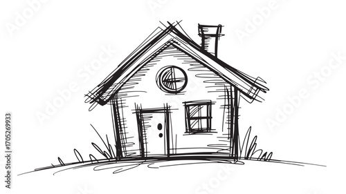 Hand-drawn sketch of a cozy little house with a chimney and a small garden