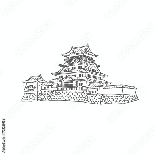 Line art illustration of a traditional Japanese castle with multiple tiers and stone foundation.