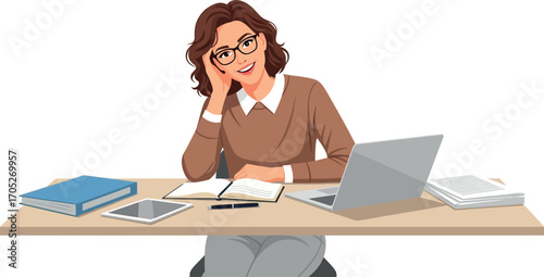 Smiling woman in glasses working at a desk with laptop and books, feeling accomplished and content.