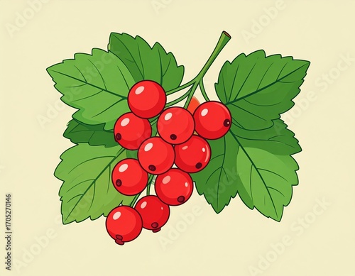 Bright red currants with green leaves arranged on a soft background