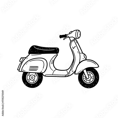 Vintage scooter illustration, classic design, black and white sketch.