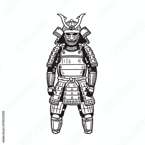 Black and white illustration of a Japanese samurai in full armor.