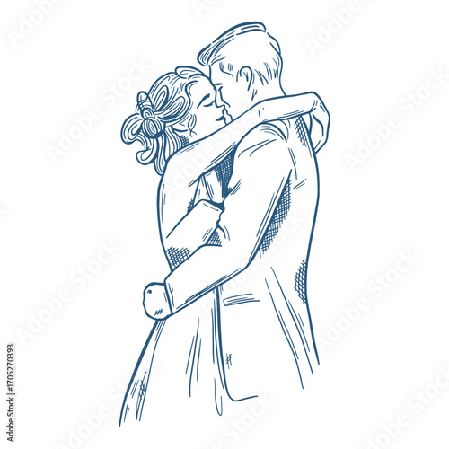 Toile de Jouy inspired wedding couple illustration. Wedding hand dawn ceremony icon. Elegant line art minimalist venue sketch. Elements for wedding, monogram, invitation, greeting, birthday card.