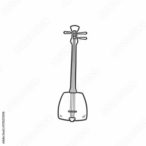 A detailed line drawing of a traditional Japanese shamisen musical instrument.