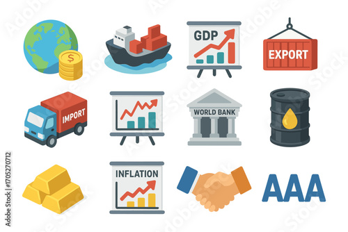 Global trade and economy icons featuring gdp and inflation trends