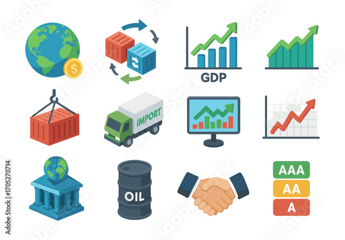 Economic growth and trade elements with icons of global markets and financial trends