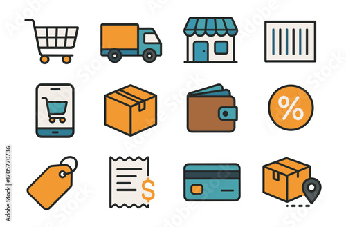 Modern flat shopping and delivery icons set for e-commerce and retail applications
