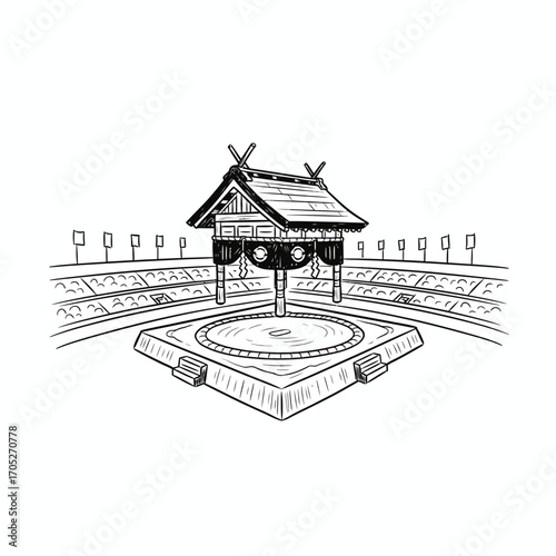 A black and white sketch of a traditional Japanese Sumo wrestling arena.